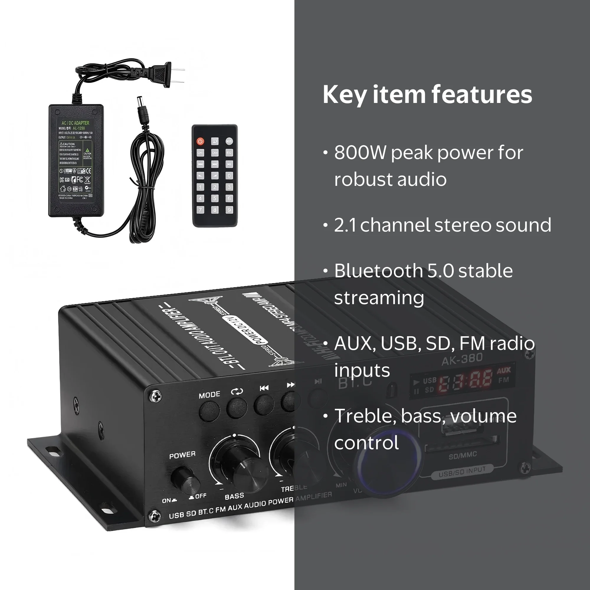 AK-380 USB SD BT.C FM AUX Audio Power Amplifier 400W+400W 2.0 CH