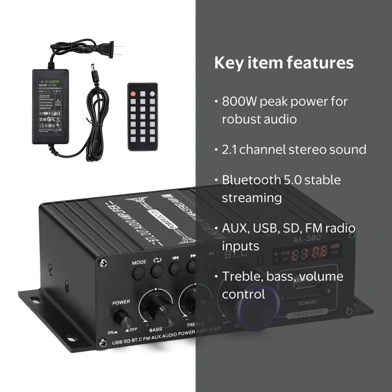 AK-380 USB SD BT.C FM AUX Audio Power Amplifier 400W+400W 2.0 CH