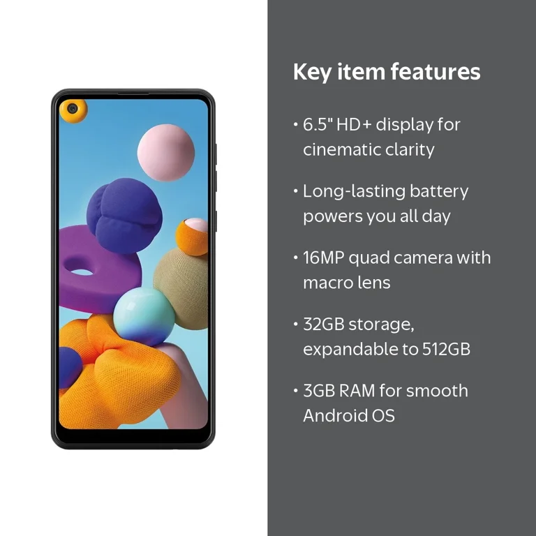Samsung Galaxy A21, 32GB, 3GB RAM, 4G LTE, Boost Mobile, Black Samsung Galaxy A21, 32GB, 3GB RAM, 4G LTE, Boost Mobile, Black