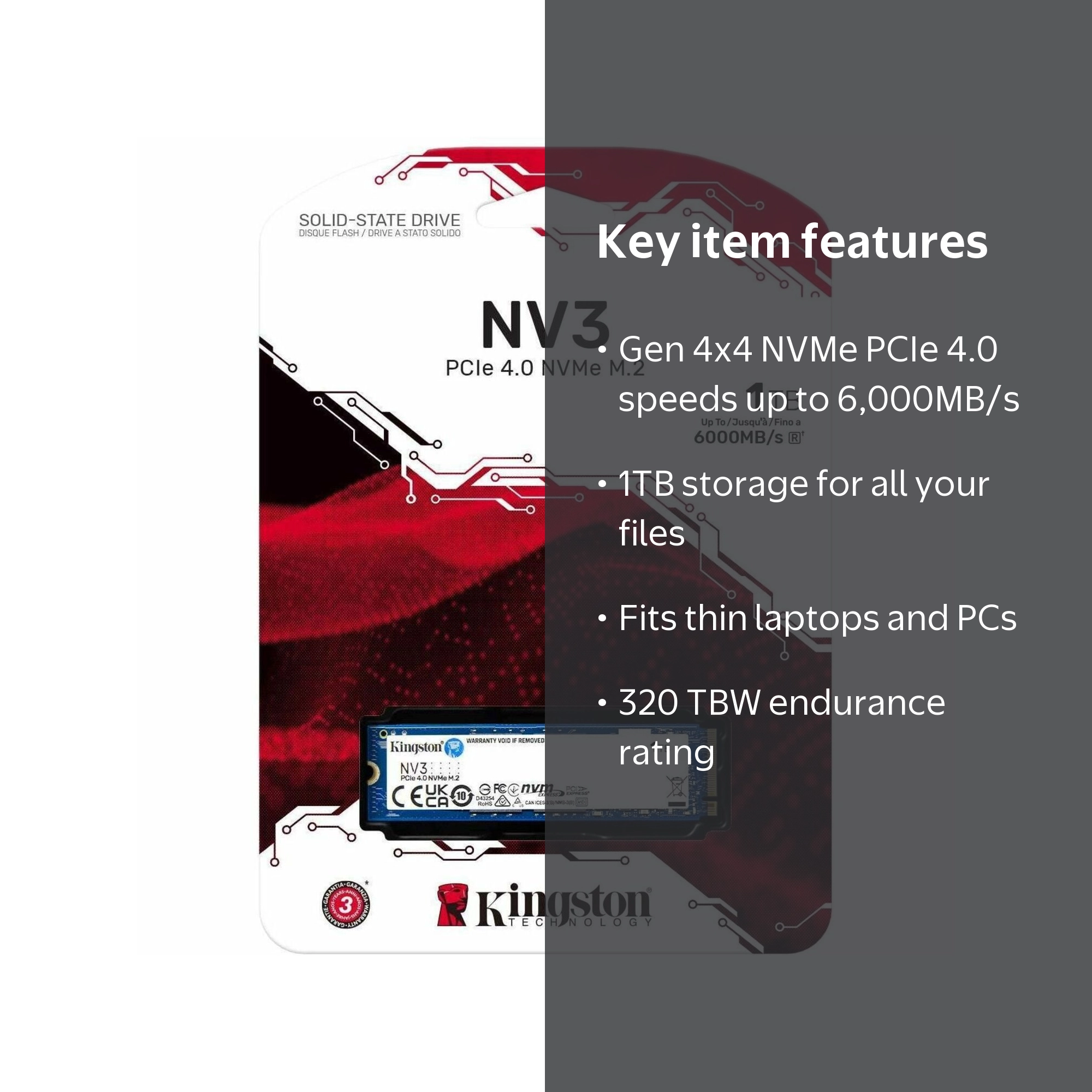 Kingston, SSD, NV3 1 TB, M.2 2280 PCIe NVMe 4.0 x4 Internal