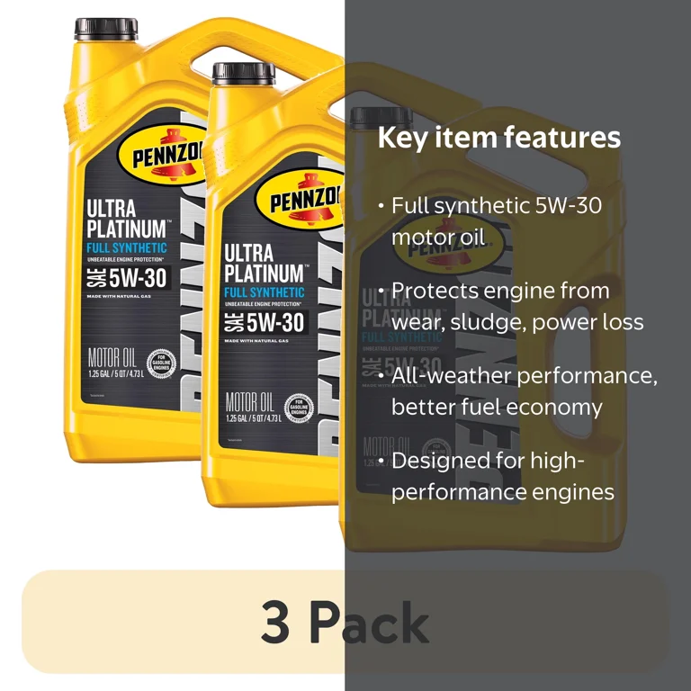 3 pack) Pennzoil Ultra Platinum Full Synthetic 5W-30 Motor Oil, 5