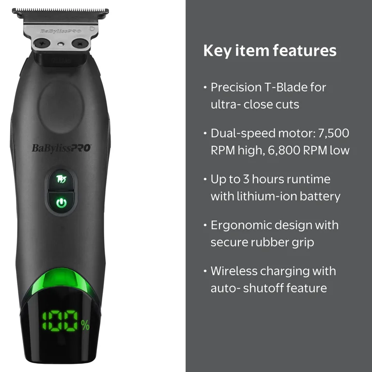 BaBylissPRO, Wireless Charging Trimmer, Black, Lithium-Ion Battery