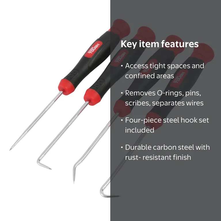 Hyper Tough 4-Piece Hook and Pick Set Carbon Steel with Curved, 90