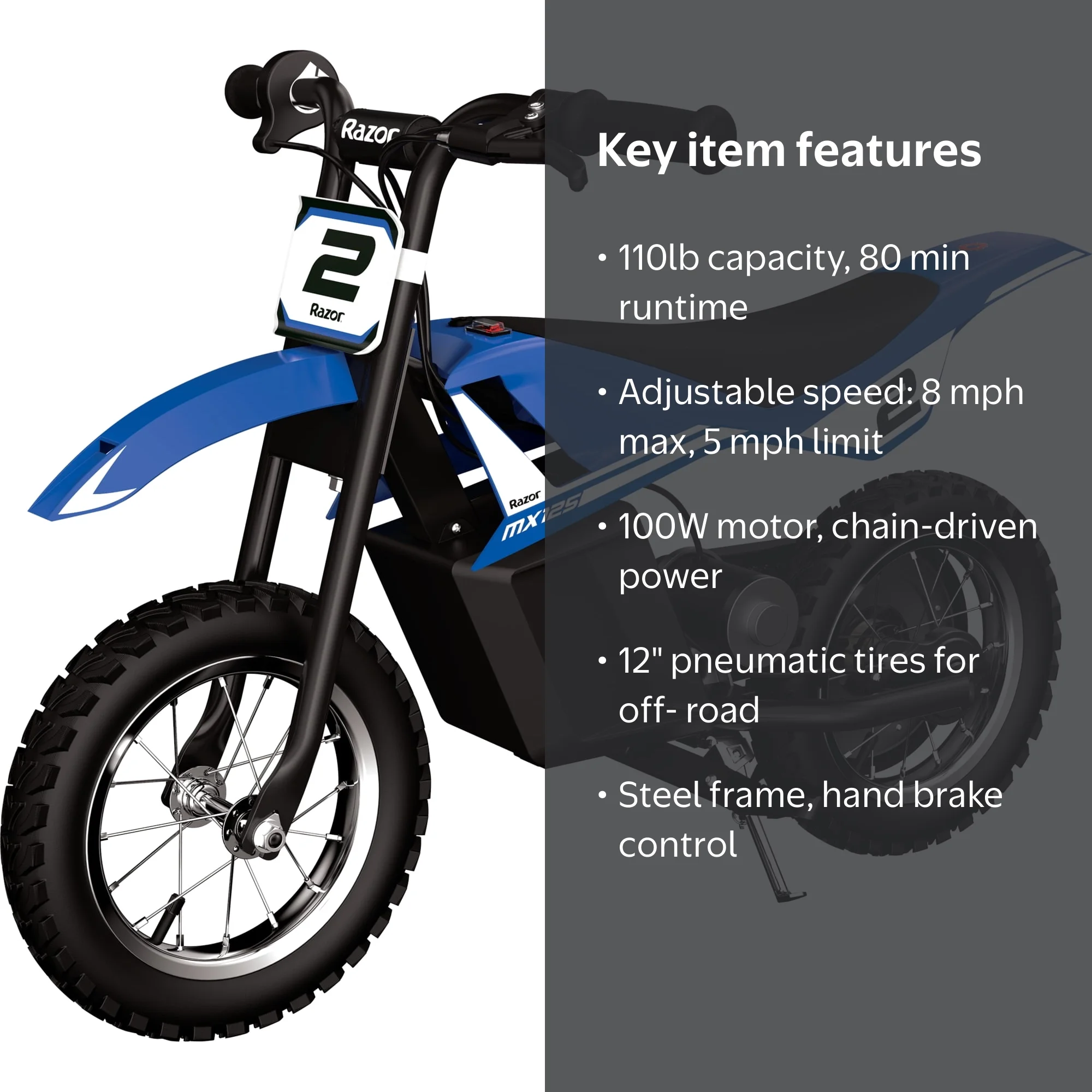 Razor, Dirt Rocket MX125 Mini Electric Dirt Bike, 12V, Blue
