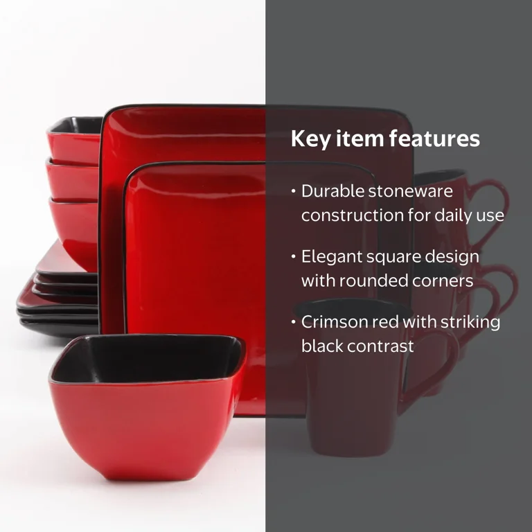 Better Homes & Gardens Rave Square Dinnerware Set, Red, 16pc