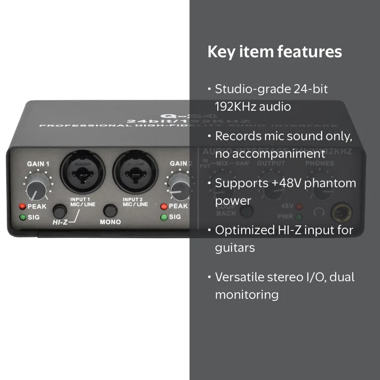 Professional 24Bit 192KHz Audio Interface 2 Input Sound Card for