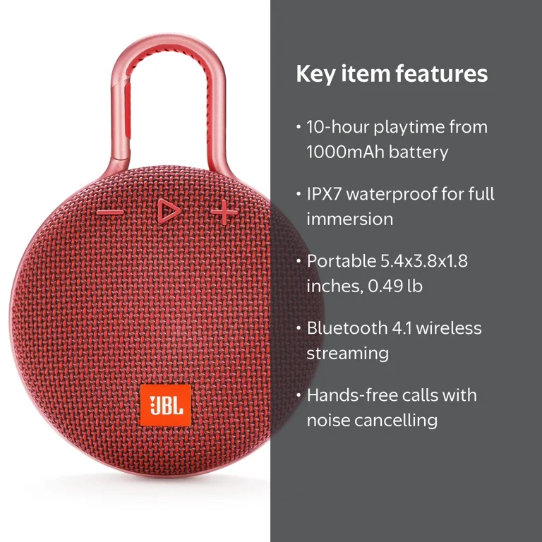 JBL Clip 3 Portable Bluetooth Speaker, Red, Waterproof, 10hr
