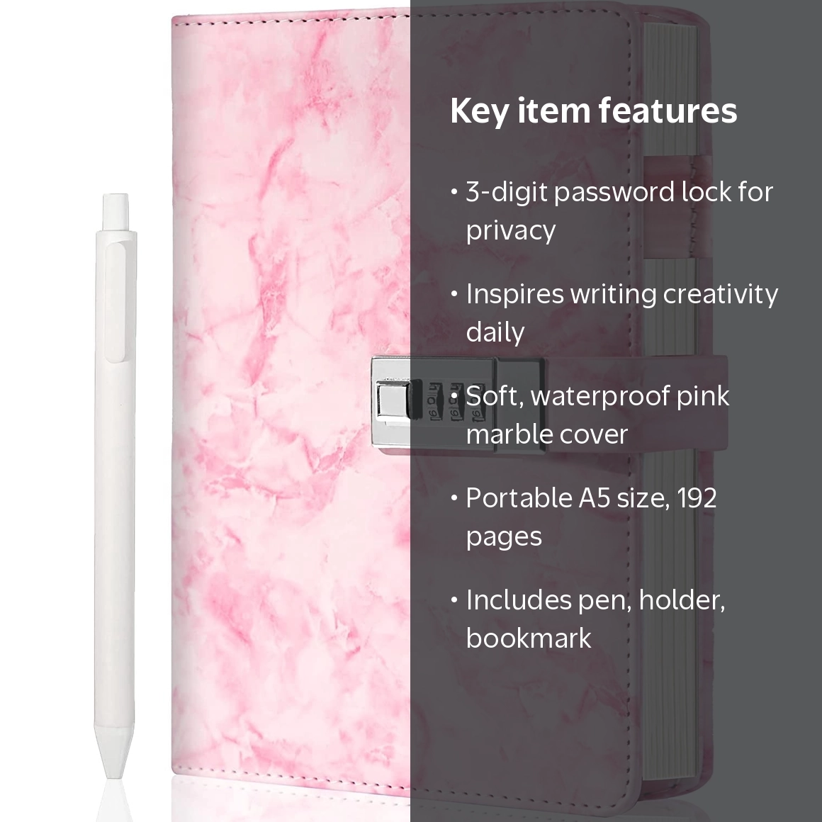 PINKRBT, Notebook with Lock, Pink Marble, Waterproof, A5 192 Pages