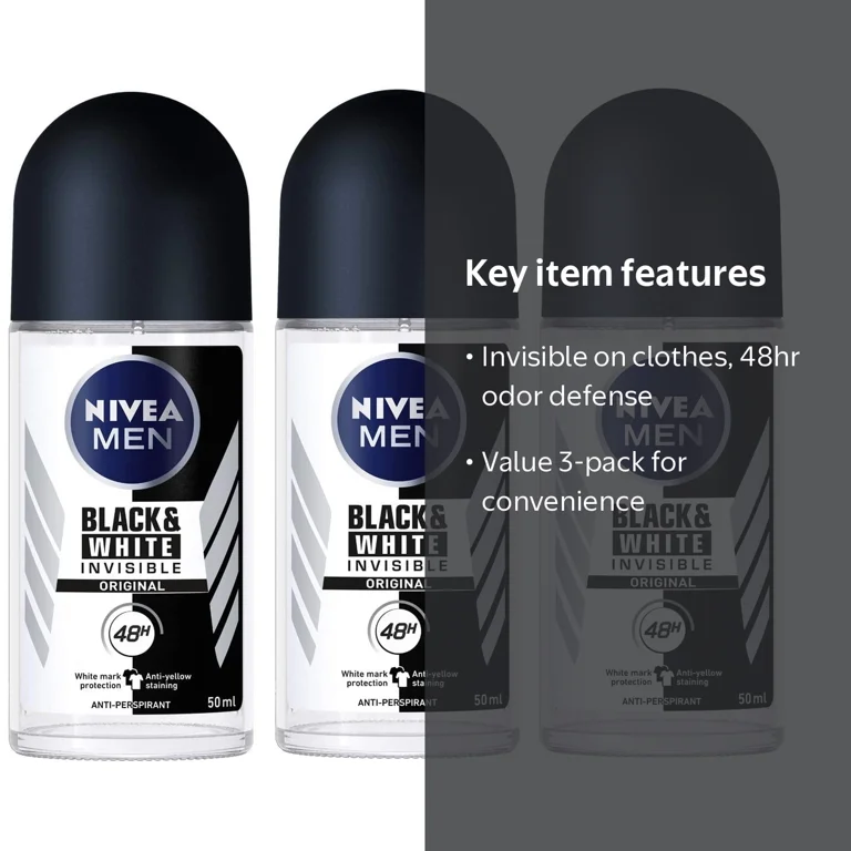NIVEA for Men Invisible Black and White Deodorant Roll-On, 48 Hour