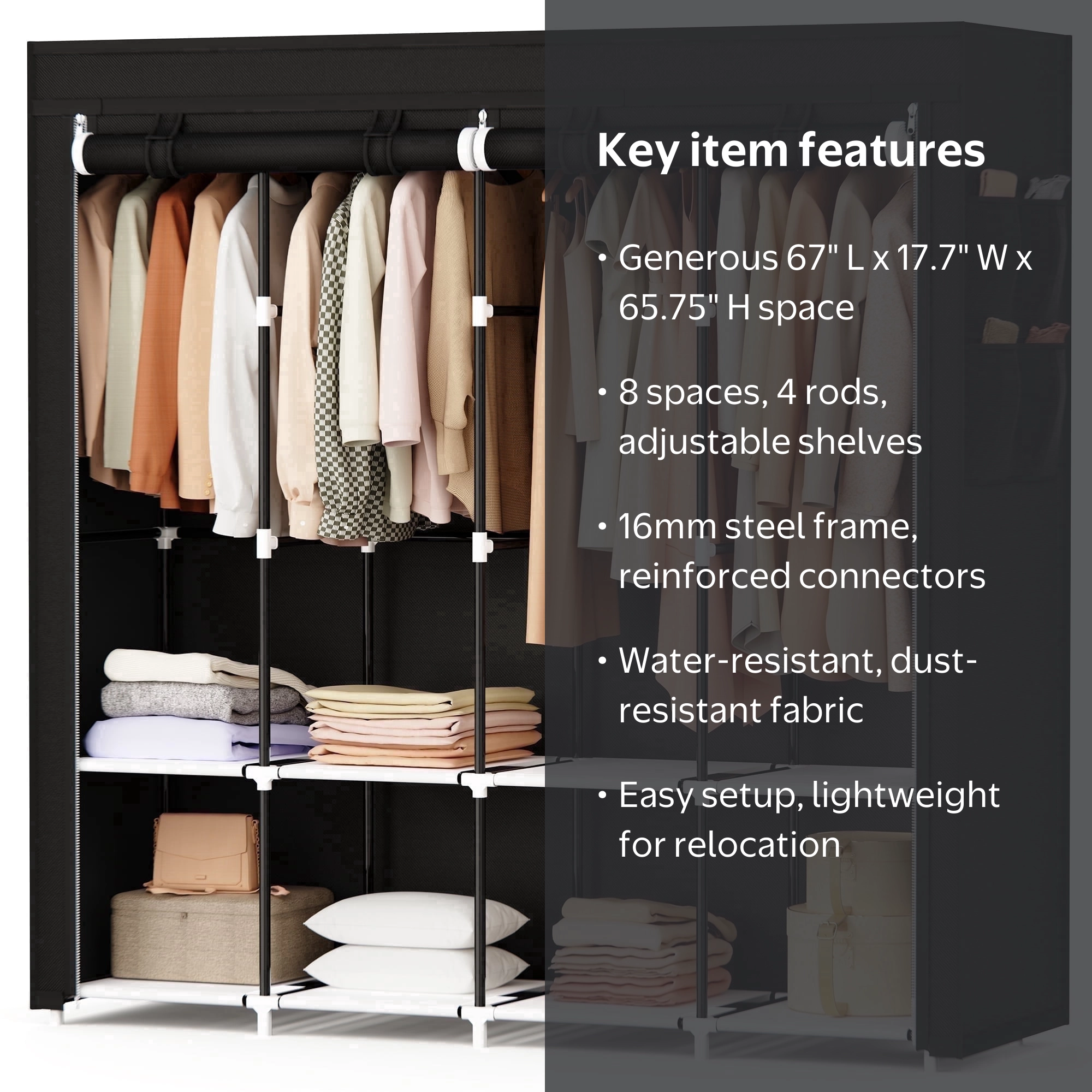 Riousery 67 Inch Large Portable Wardrobe Closet, 8 Storage Spaces
