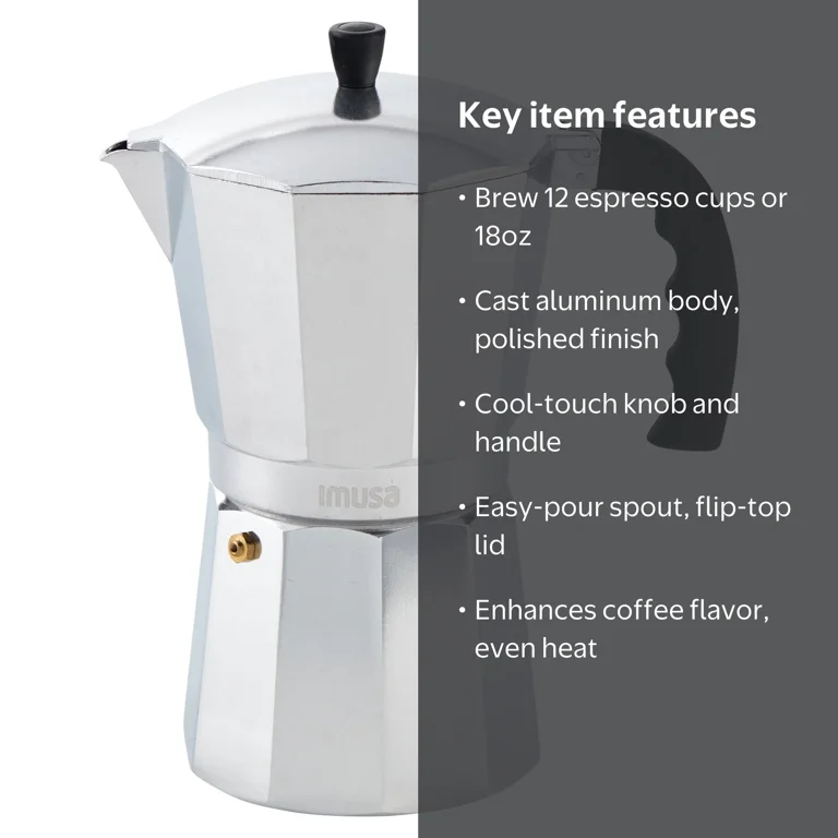 IMUSA 12-Cup Stovetop Espresso Maker, Cast Aluminum Moka Pot