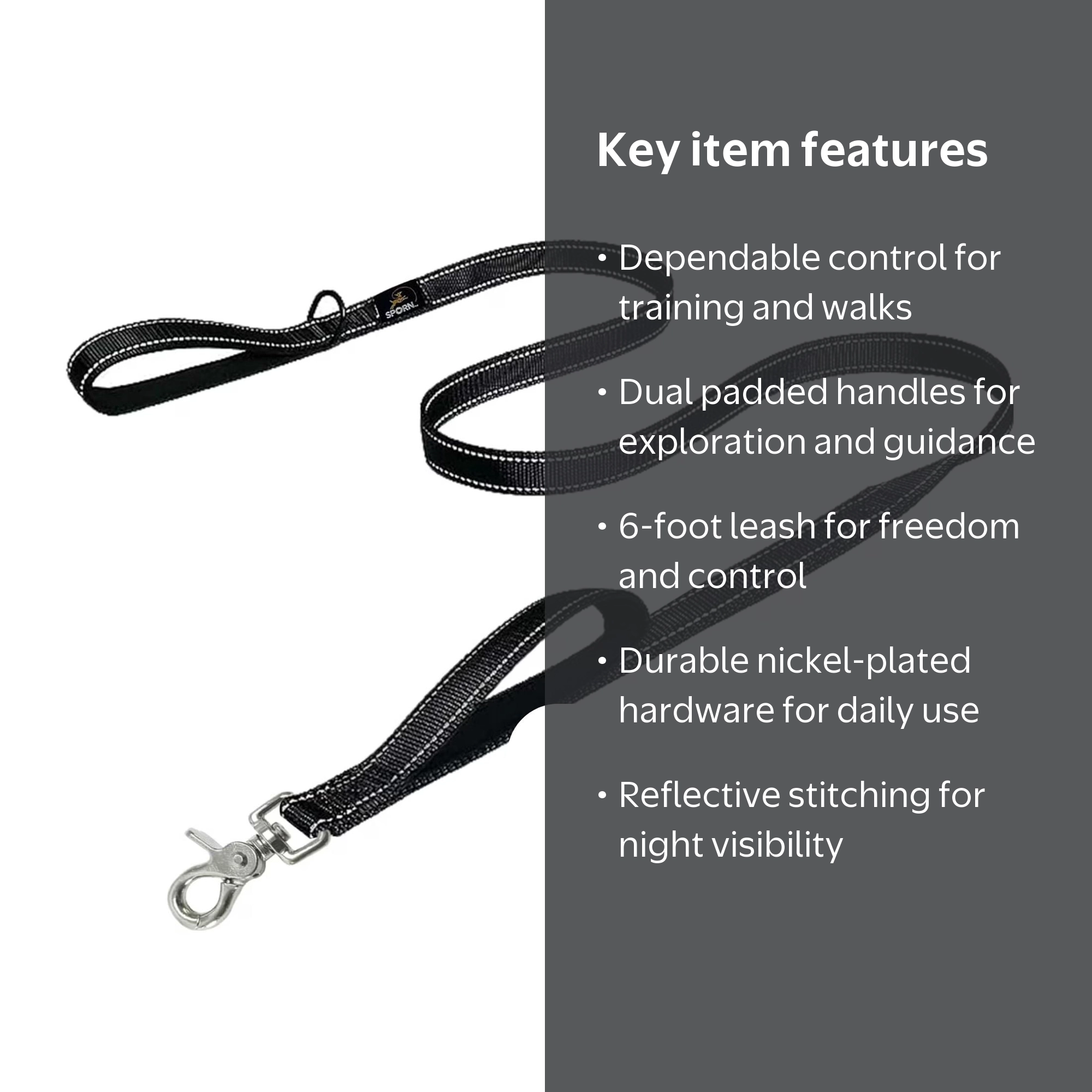 Sporn Dual Handle Dog Training Leash, 6 ft Long Reflective Dog