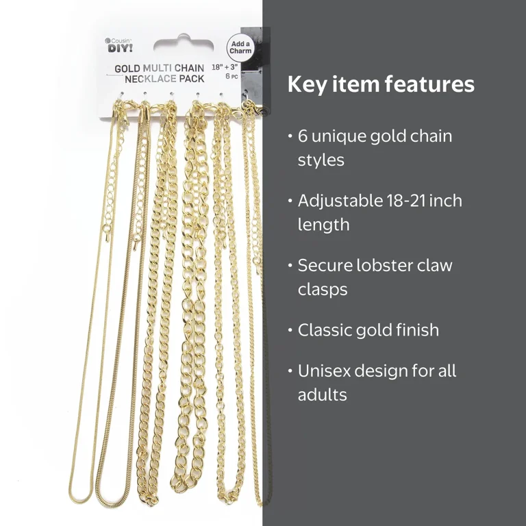 Cousin DIY 6 Gold Multi Chain Necklace Pack, 18-21 in with