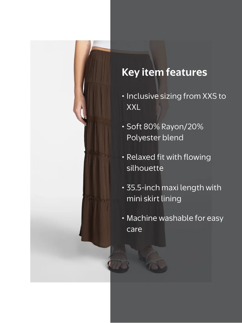 No Boundaries Lace Insert Tiered Maxi Skirt, Women's XXS-XXL