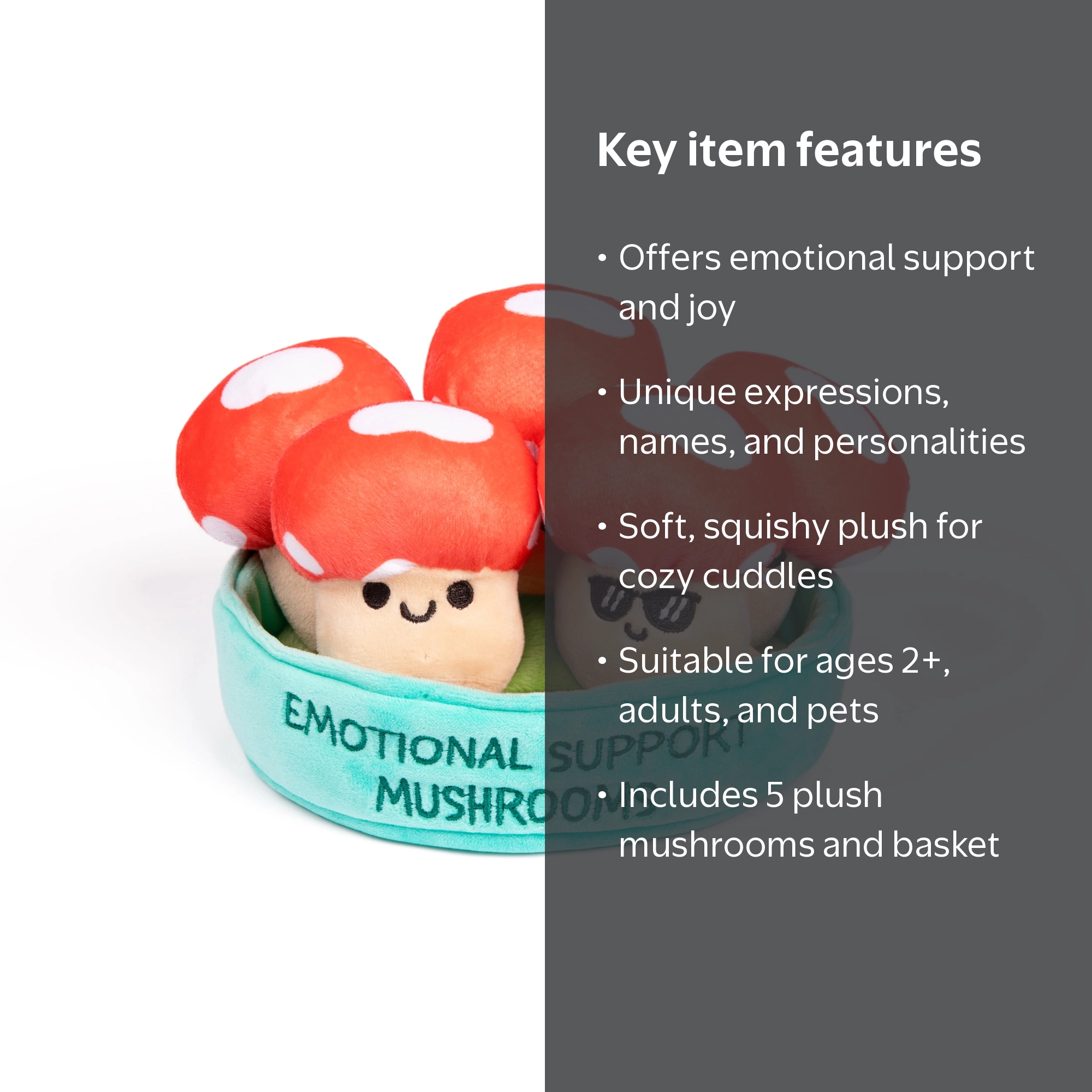 Emotional Support Pals Mushrooms, 5 Mushroom Plush Toys with