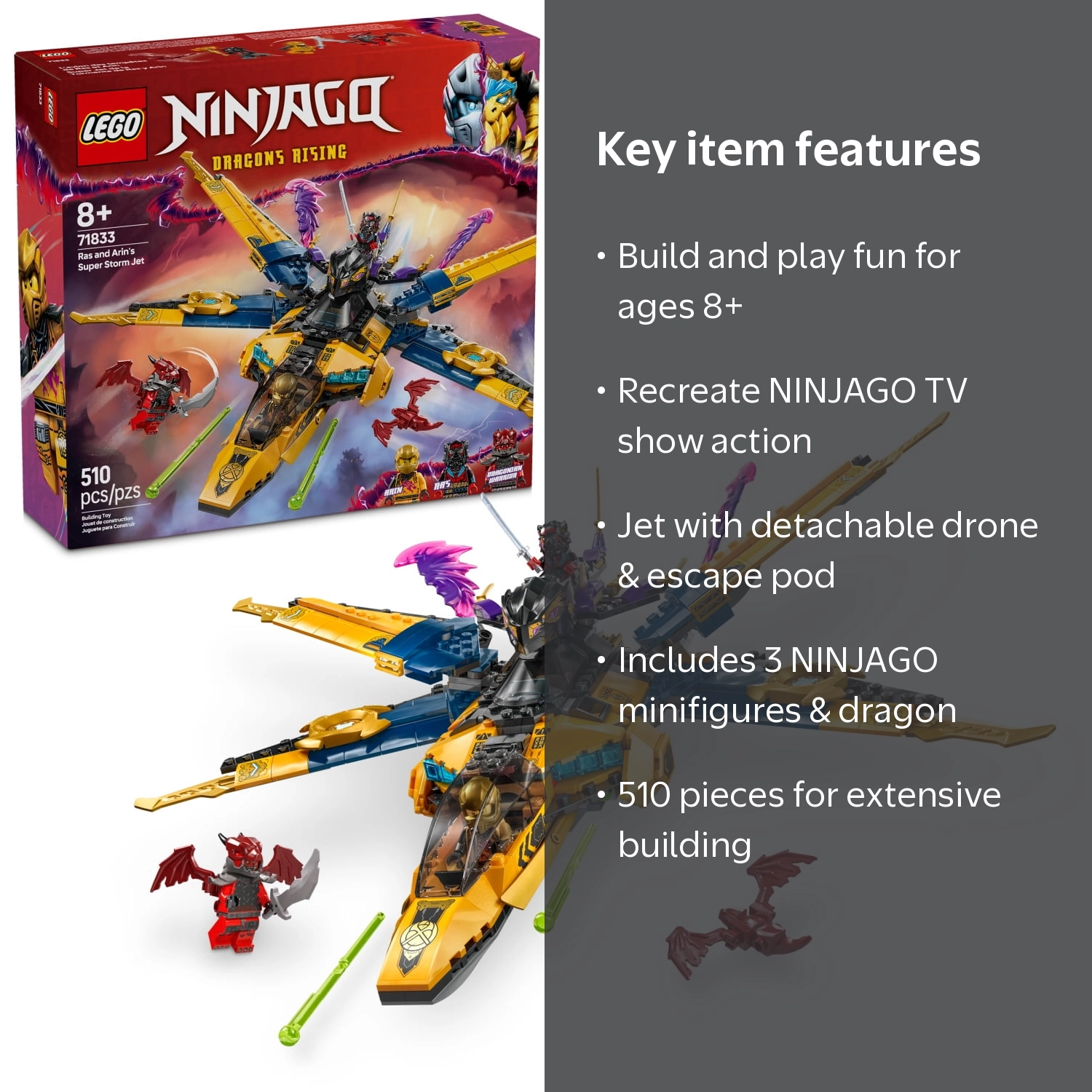 LEGO, NINJAGO Ras and Arin's Super Storm Jet, 71833, 510 Pieces
