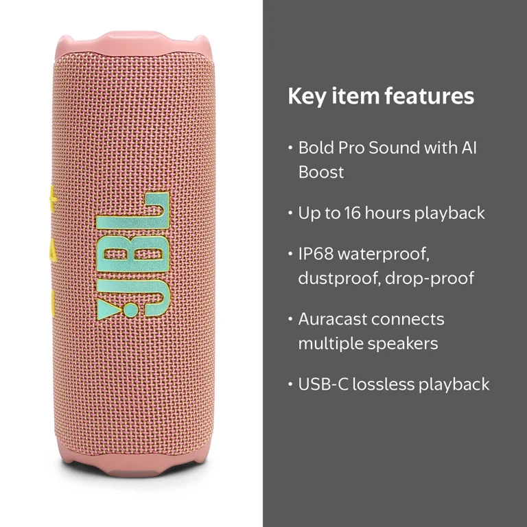 JBL, Portable Bluetooth Speaker, Pink, Up to 16 Hours Playtime