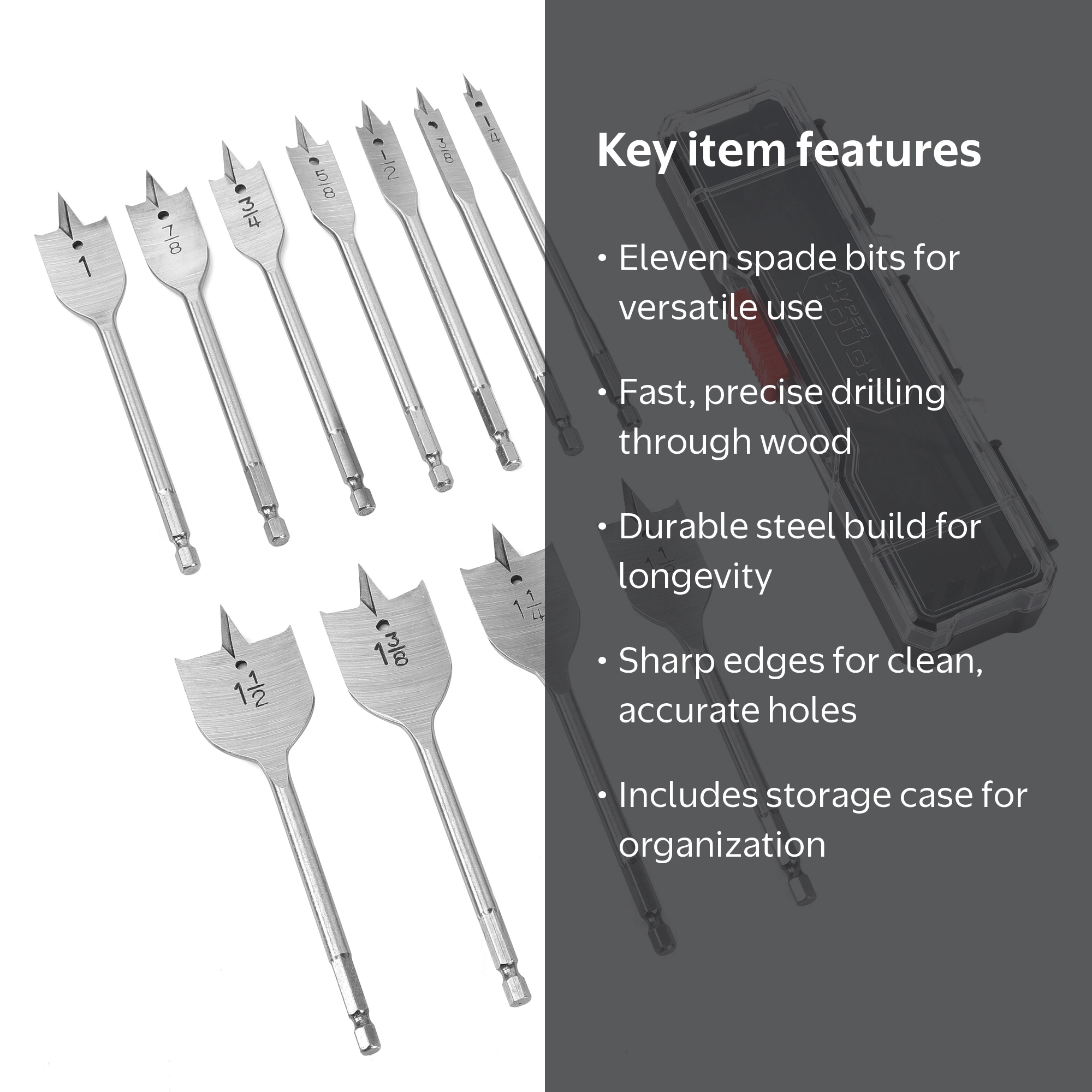 Hyper Tough 11-Piece Spade Bit Set, includes 1/4 to 1-1/2 inch