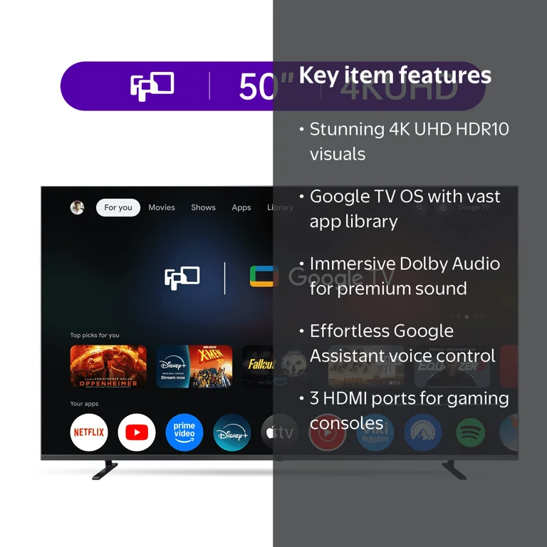 FPD 50-inch Smart TV, 4K UHD Google TV, HDR10, Dolby Audio, Voice