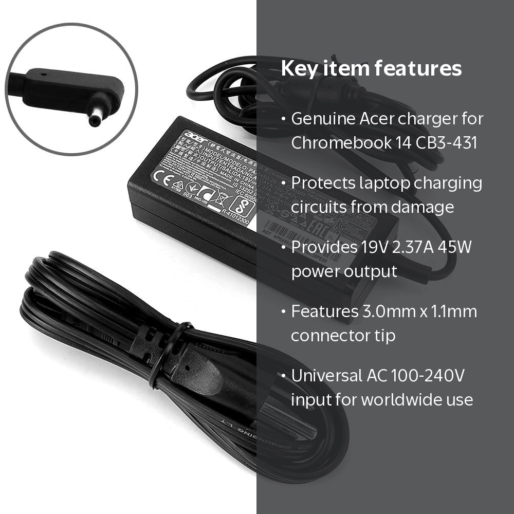 Acer, Chromebook 14 CB3-431, 45W OEM Power Adapter, Black