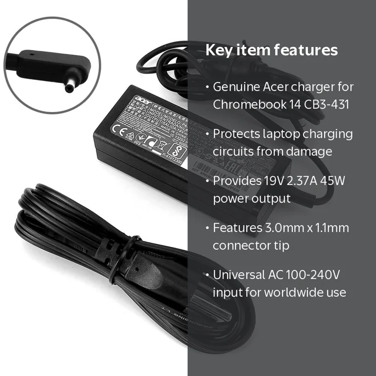 Acer, Chromebook 14 CB3-431, 45W OEM Power Adapter, Black