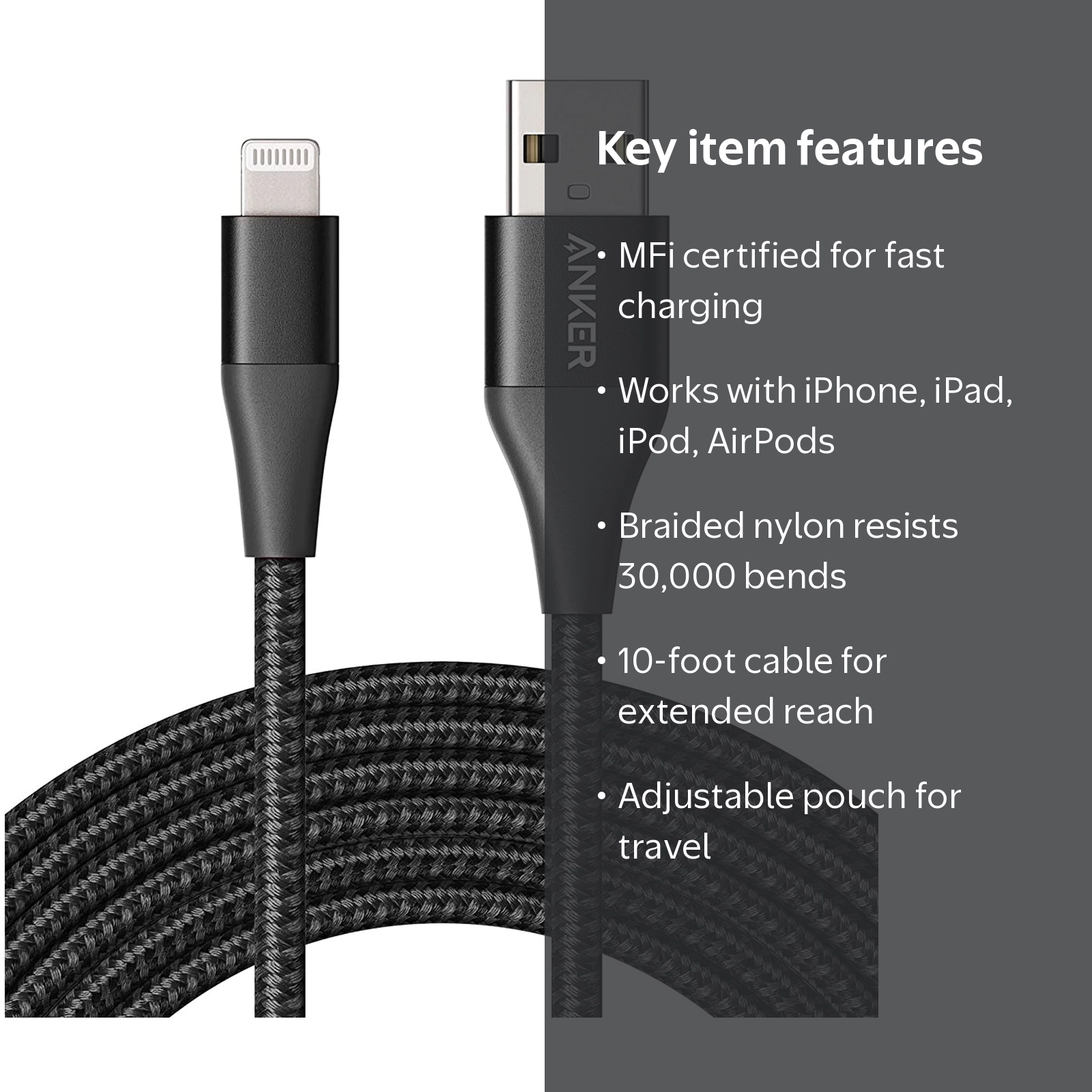 Anker PowerLine+ II Lightning Charging Cable, Braided Nylon, 10ft