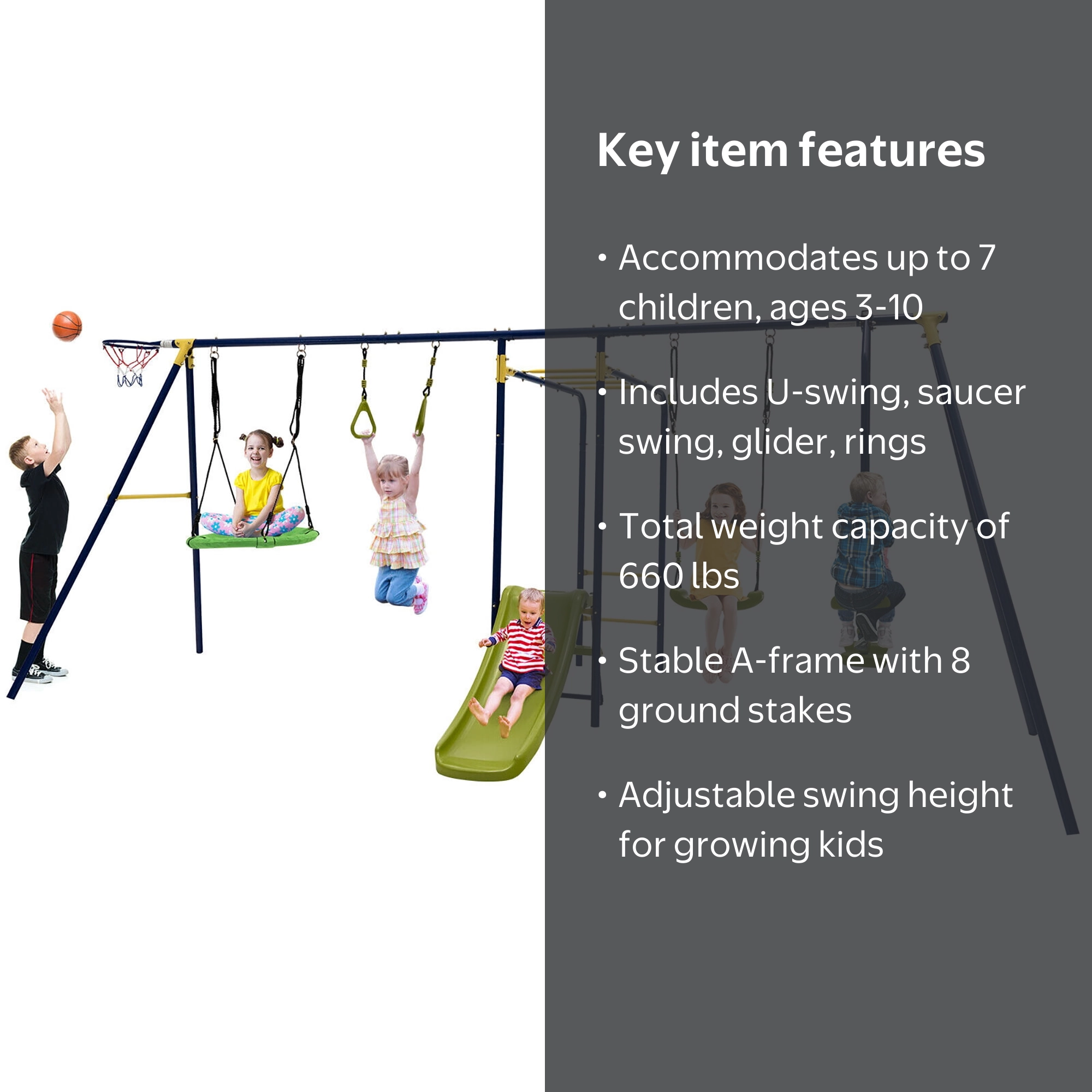 Gymax 660 lbs Kids Metal Swing Set for Backyard 7-in-1