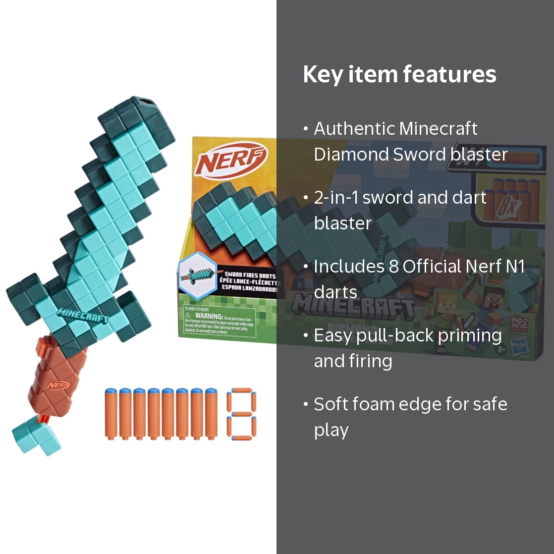 Nerf, Minecraft Sword Dart Blaster, Diamond Sword, 8 N1 Darts