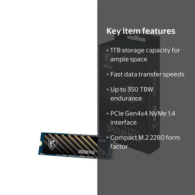 MSI SPATIUM M450 PCIe 4.0 NVMe M.2 1TB V1, M.2 2280, PCIe Gen4x4