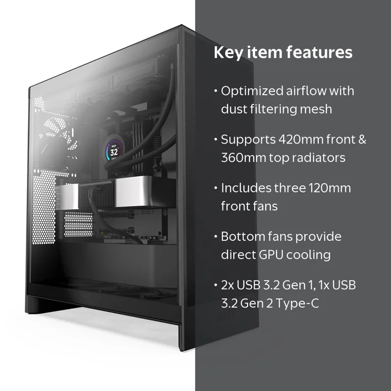 NZXT H7 Flow Mid-Tower ATX Airflow Case, Black, Fans Included