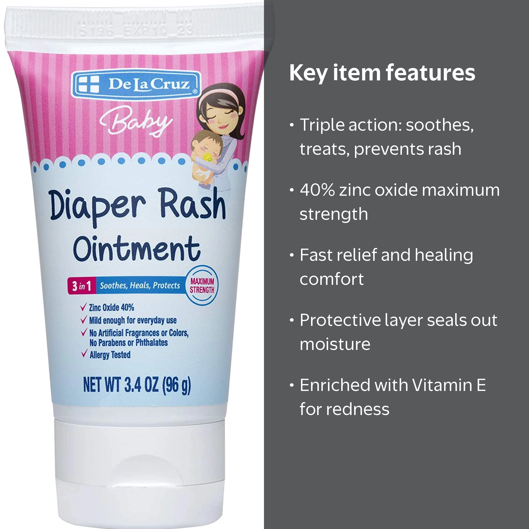 De La Cruz, Baby Diaper Rash Cream, 40% Zinc Oxide & Vitamin E