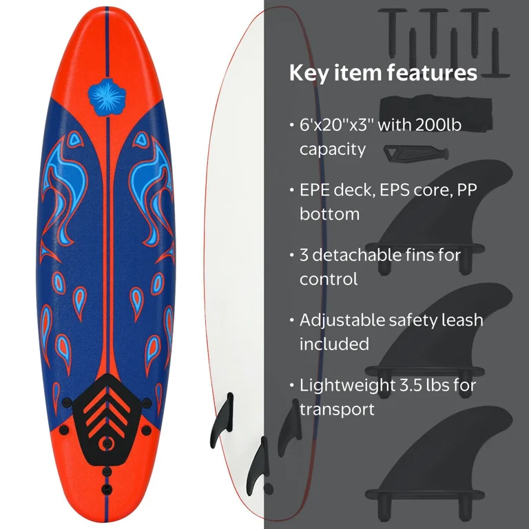 Costway, Surfboard Foamie, 6' Size, Red for Kids Adults - Walmart.com