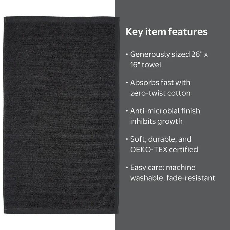 Mainstays Performance Textured Hand Towel, Black, 26