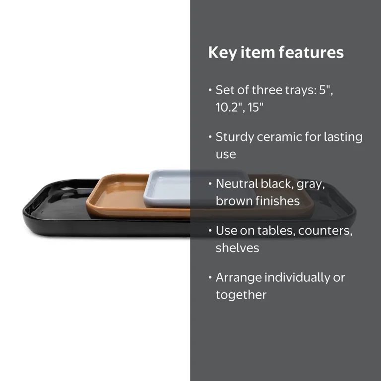 Mainstays 3-Piece Ceramic Decorative Tray Set, Black, Gray, and