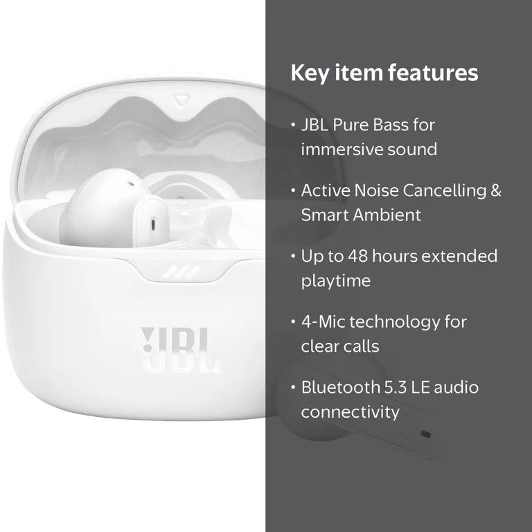 JBL Tune Beam True Wireless In-Ear Earbuds, White, JBLTBEAMWHTAM
