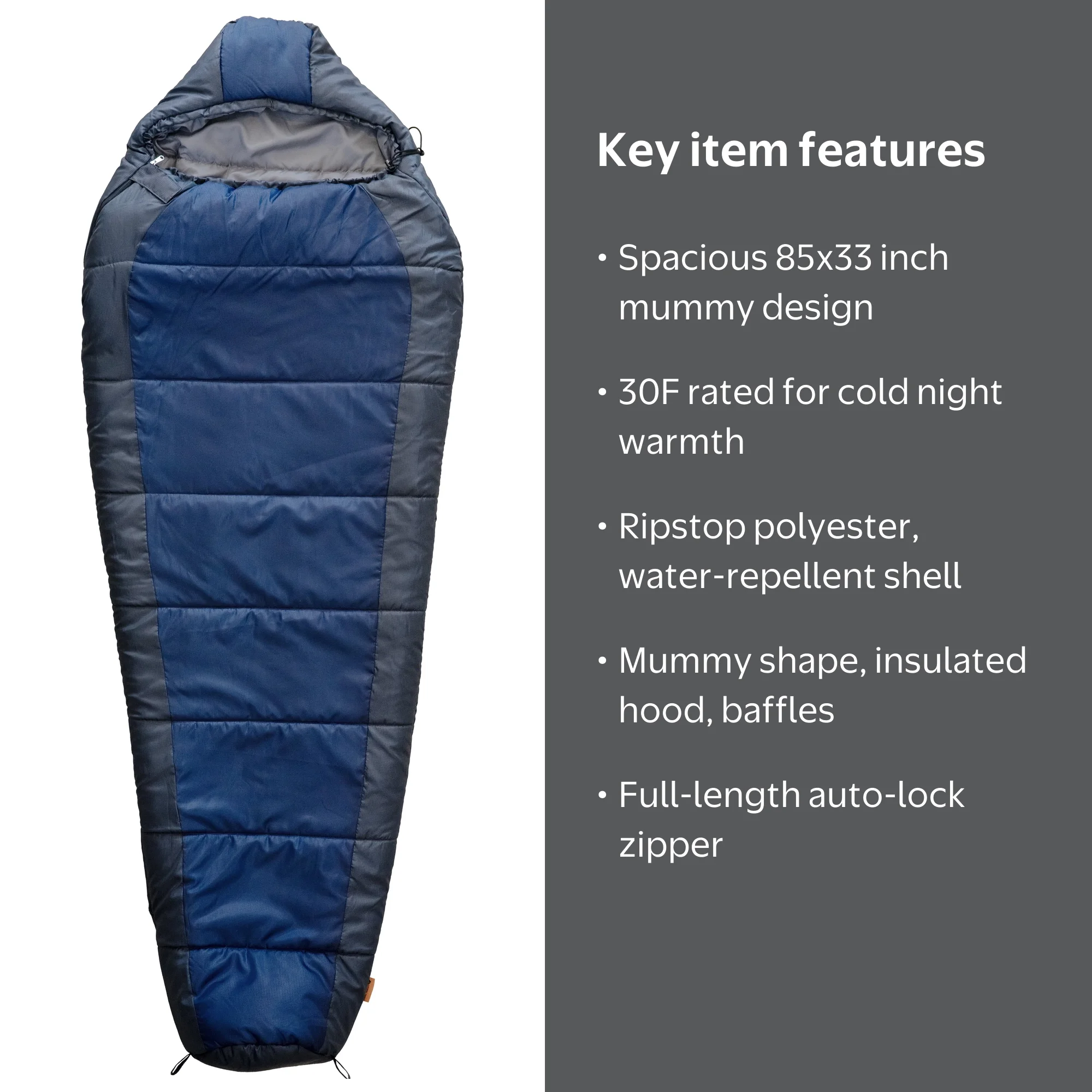 Ozark Trail 30-Degree Cold Weather Mummy Sleeping Bag, Blue, 85