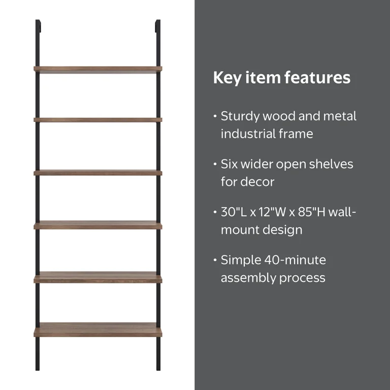 Nathan James Theo 6-Shelf Tall Bookcase Wall Mount Bookshelf
