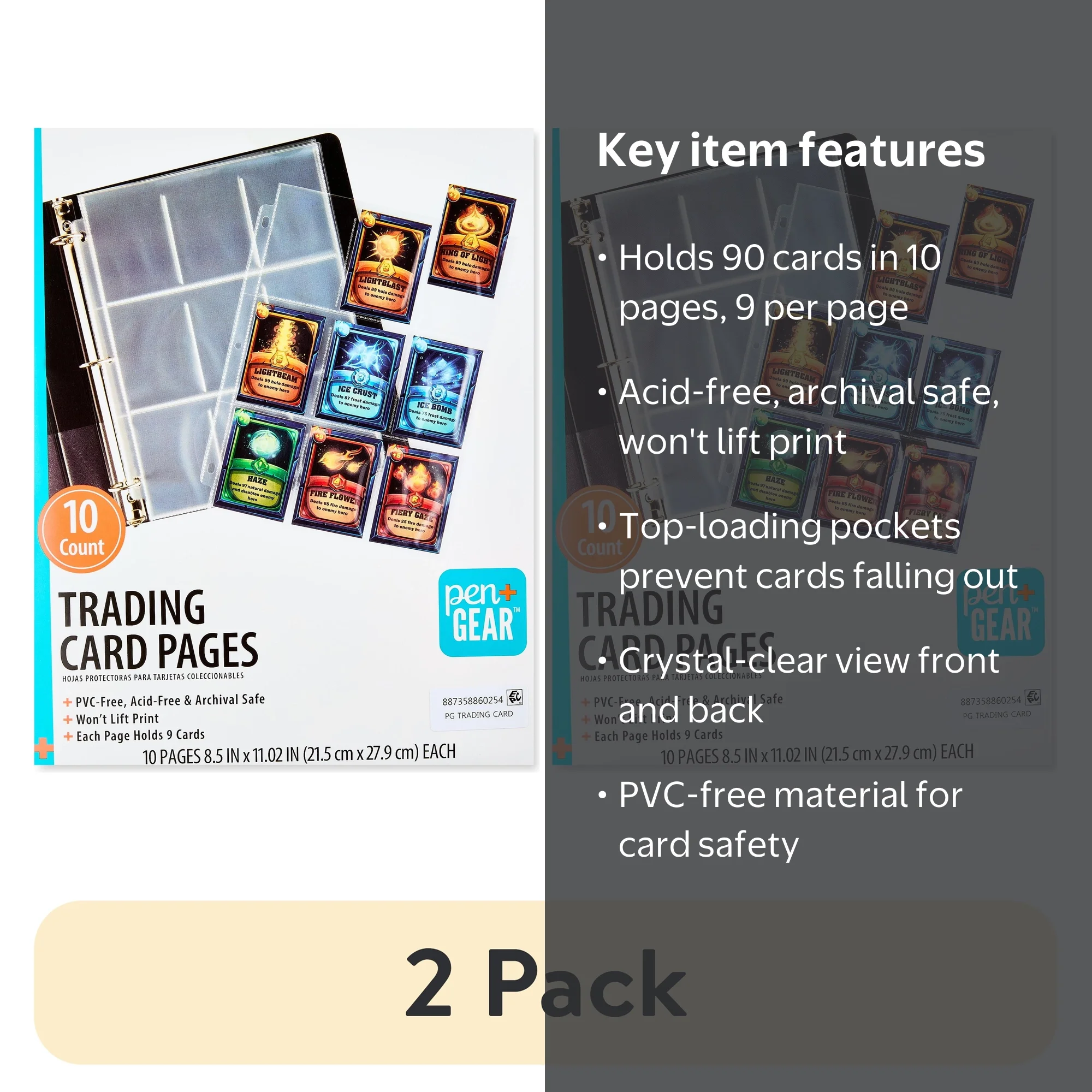 2 pack) Pen + Gear 9-Pocket Protective Trading Card Pages, 8.5 in