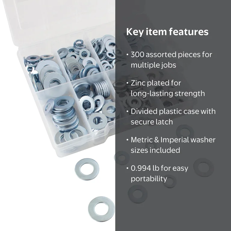 Hyper Tough 300-Piece Washer Assortment, Zinc Plated, Plastic Case