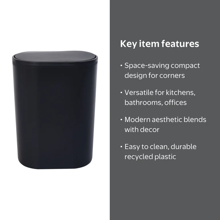 Mainstays Flip Top Wastebasket Black Plastic Modern Compact Sleek