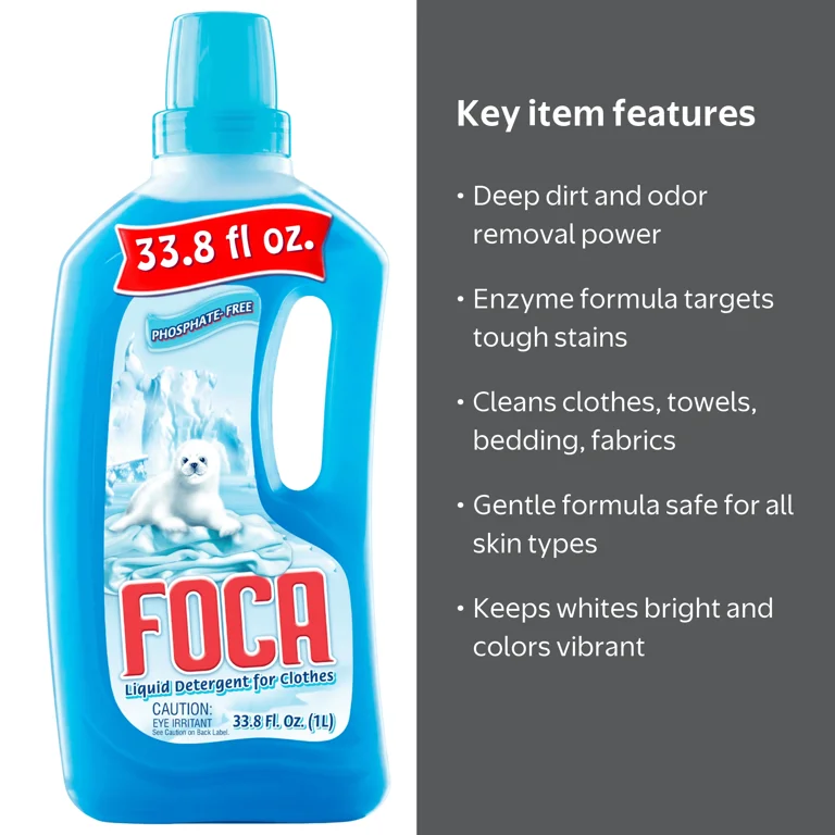 4 pack) Foca Liquid Laundry Detergent for Tough Stains, Enzyme