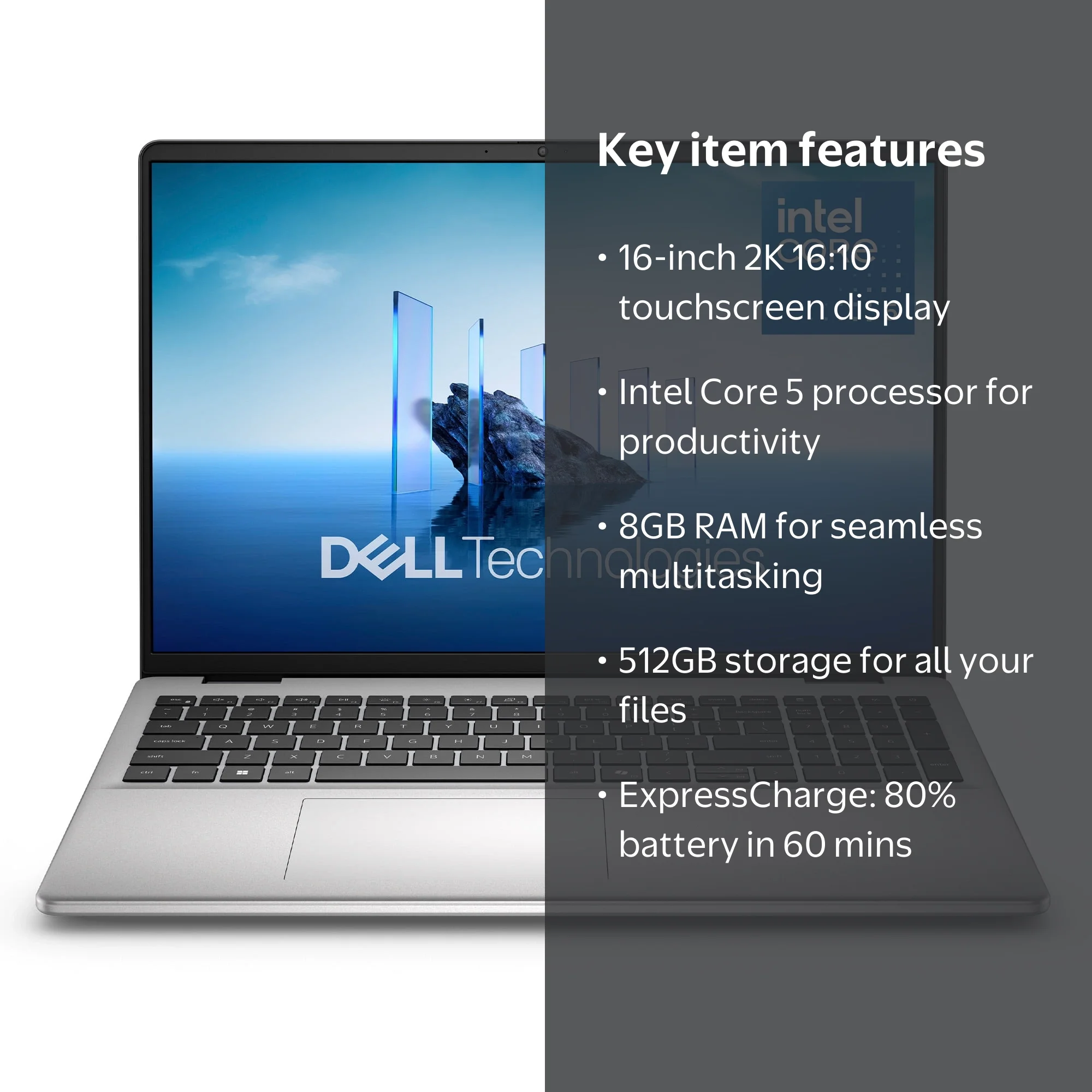 Dell 16” Laptop, Intel® Core™ 5, 8GB, 512GB, FHD+ Touch, Silver