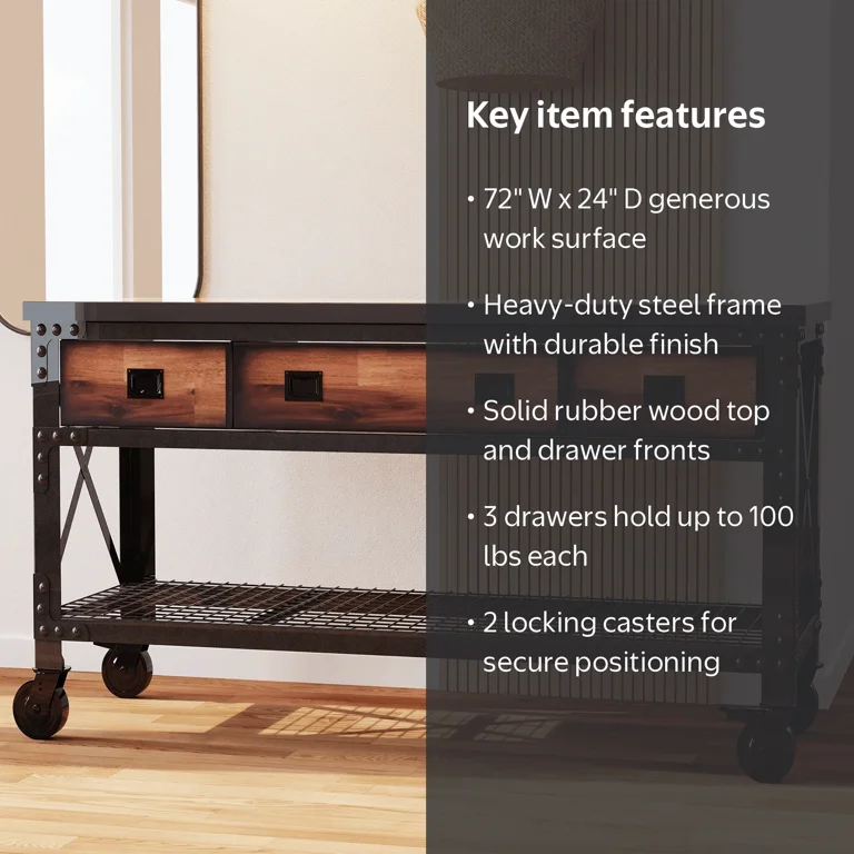 DuraMax 72x24in Rolling Workbench with 3 Drawers for Home, Garage