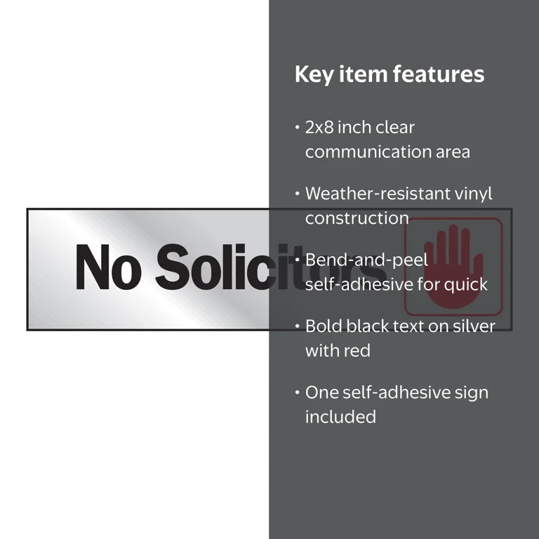 Hy-Ko No Solicitors Self-adhesive Door Sign, 2 x 8 inch Vinyl
