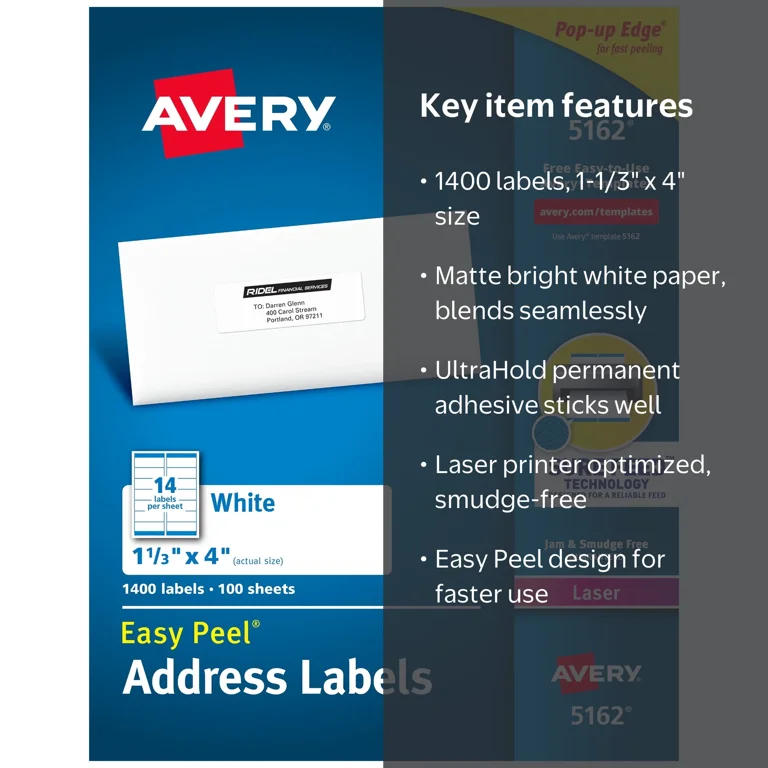 AVERY 5162 White Address Labels 1400枚 Avery Address Labels, 1-1/3