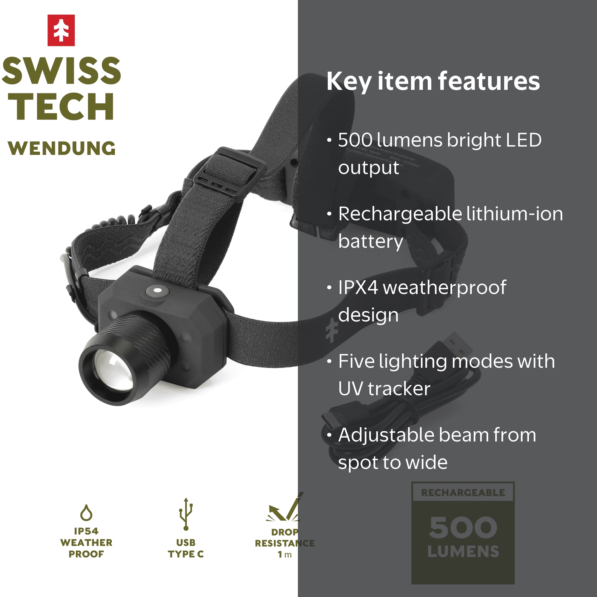 Swiss Tech Rechargeable 500 Lumens LED Headlamp with IPX4