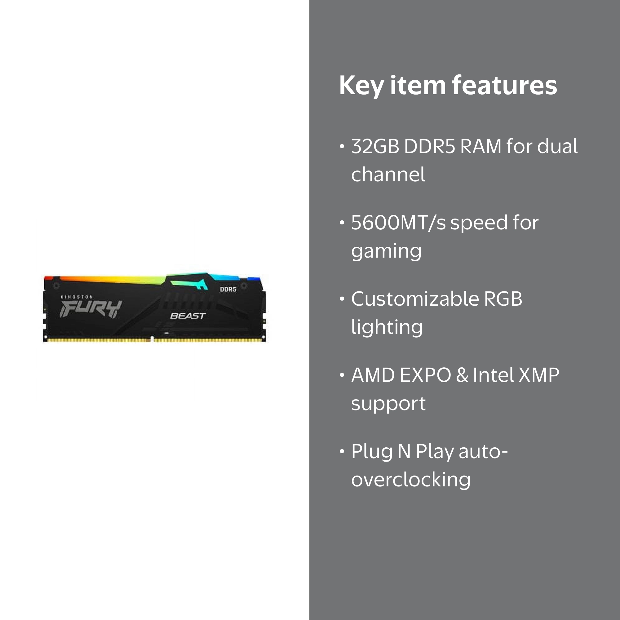 Kingston FURY Beast RGB 32GB DDR5 5600 (PC5 44800) Desktop Memory