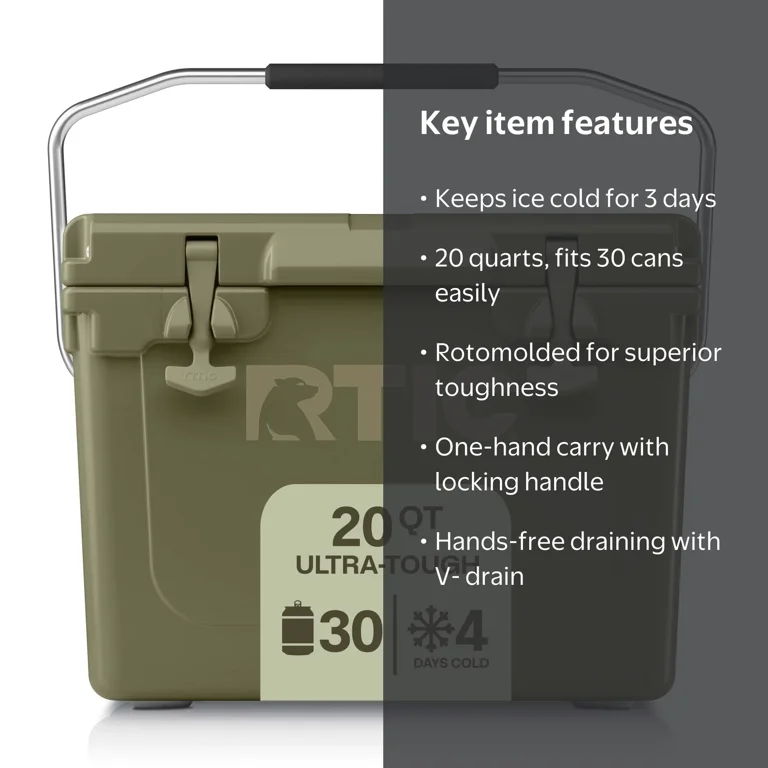DM TECH AMERICA 20インチ RTIC 20QT Ultra-Tough Cooler, Rotomolded Construction, Olive Green
