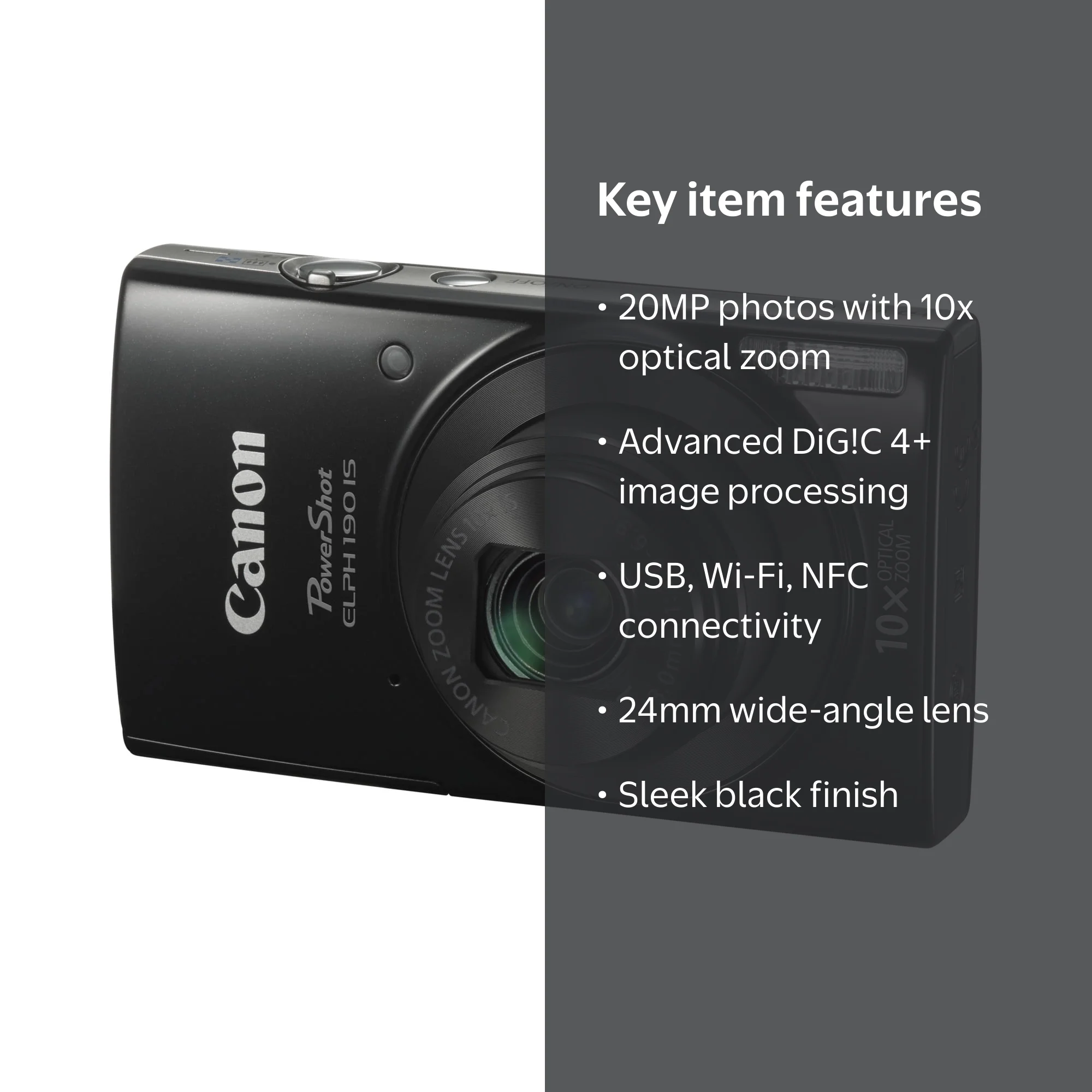 Canon PowerShot ELPH 190 IS Black Digital Camera 4 pc Box