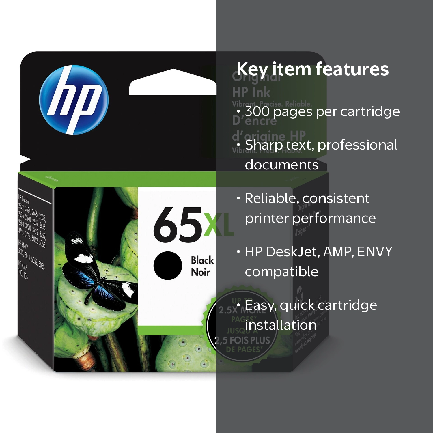HP 65XL Black Original Ink Cartridge, N9K04AN#140, for up to 300